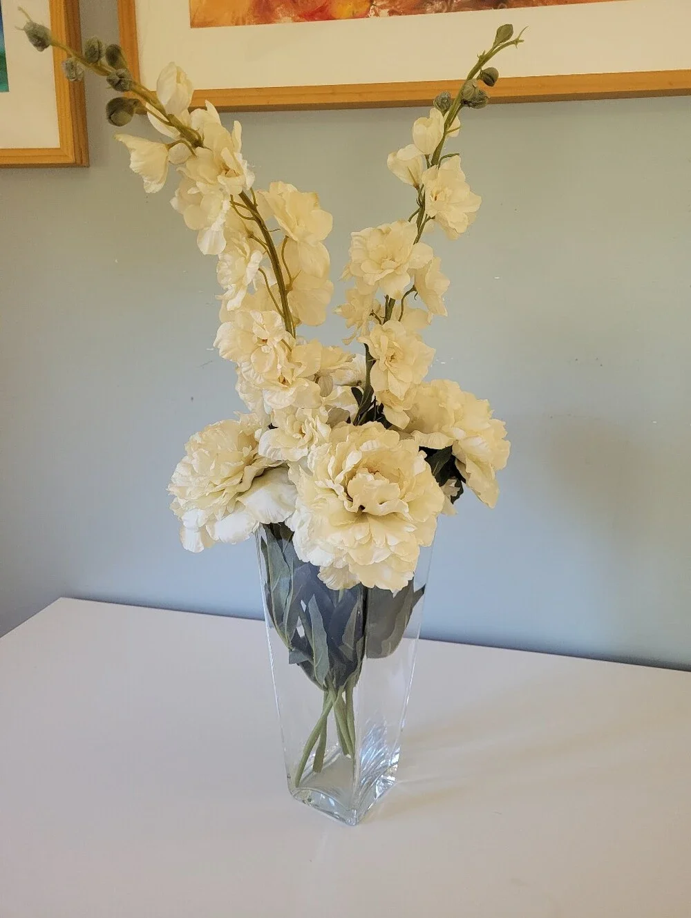 Silk White Flowers. Peonies, Rose and Delphiniums.
